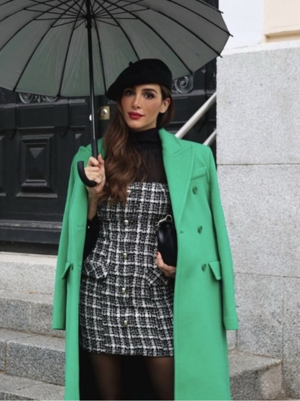 Zara Green Coat Over Black & White Tweed Mini Dress